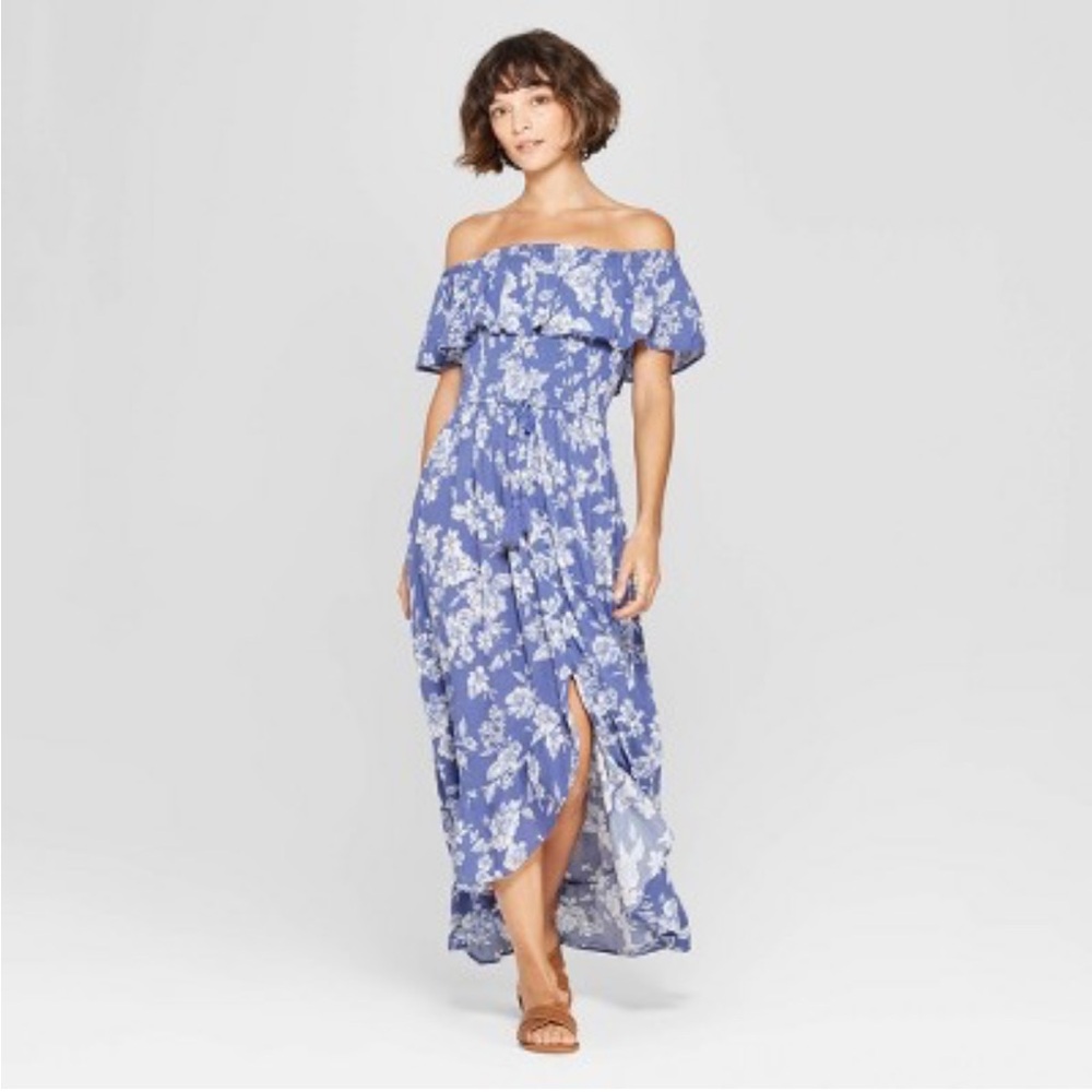 Blue + White Floral Print Off Shoulder Smocked Chest High Low Maxi Dress